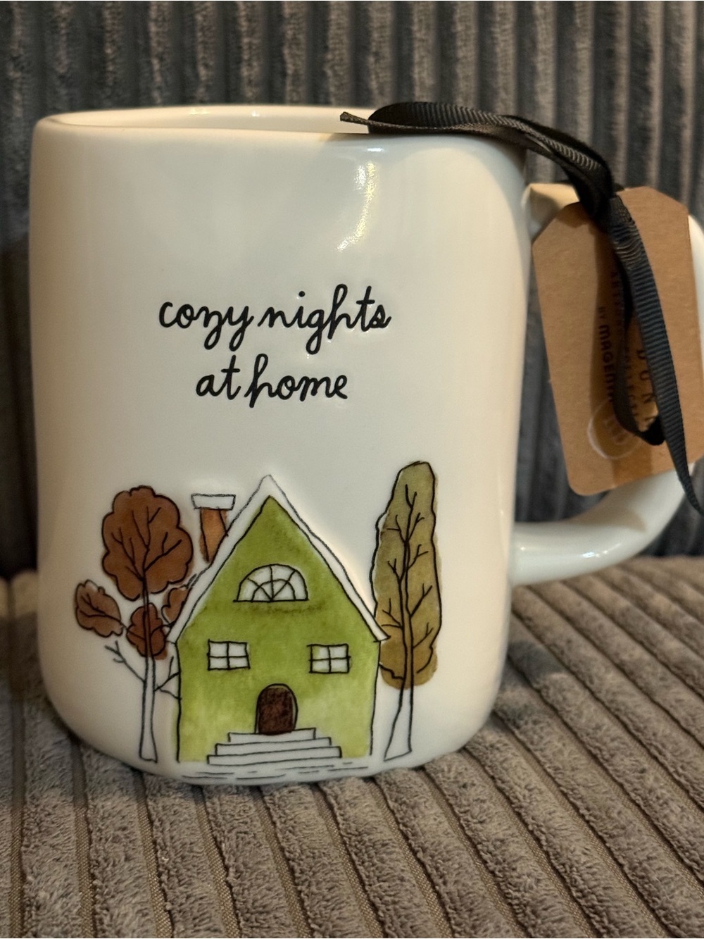 Rae Dunn White Ceramic Mug ‘Cozy Nights at Home’ Green House & Trees NWT